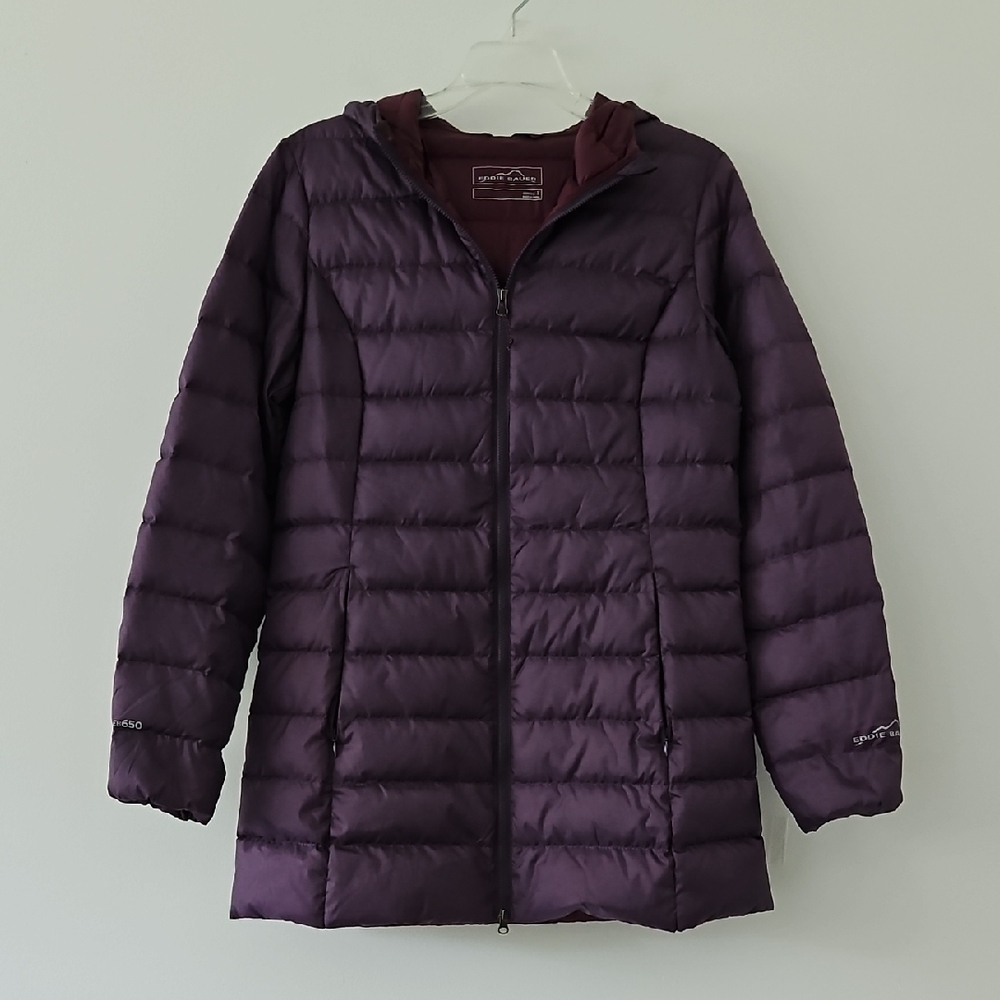 Eddie Bauer 650 Down Packable Puffer Coat Purple Hood NWOT‎ Size Small